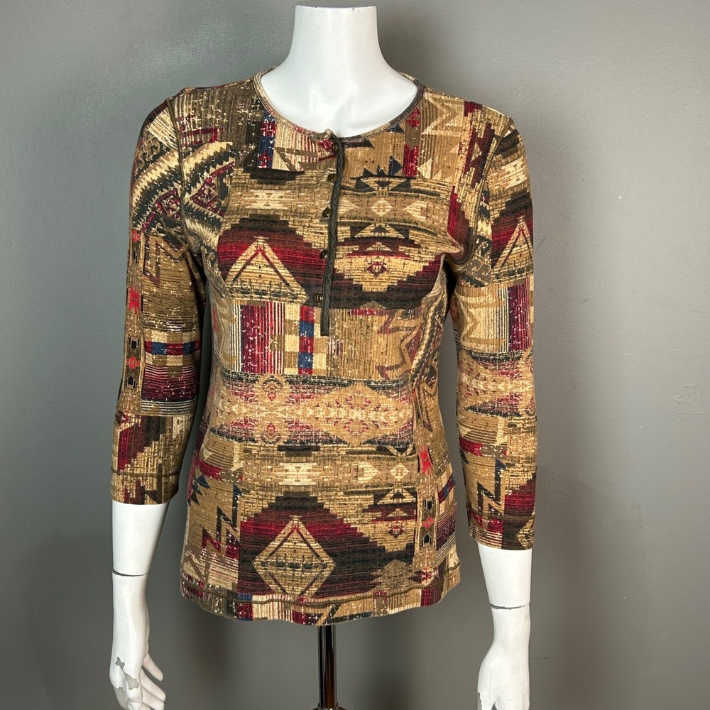 Lauren Ralph Lauren Top Henley Medium Western Cotton VTG Aztec Eart Americanahy
